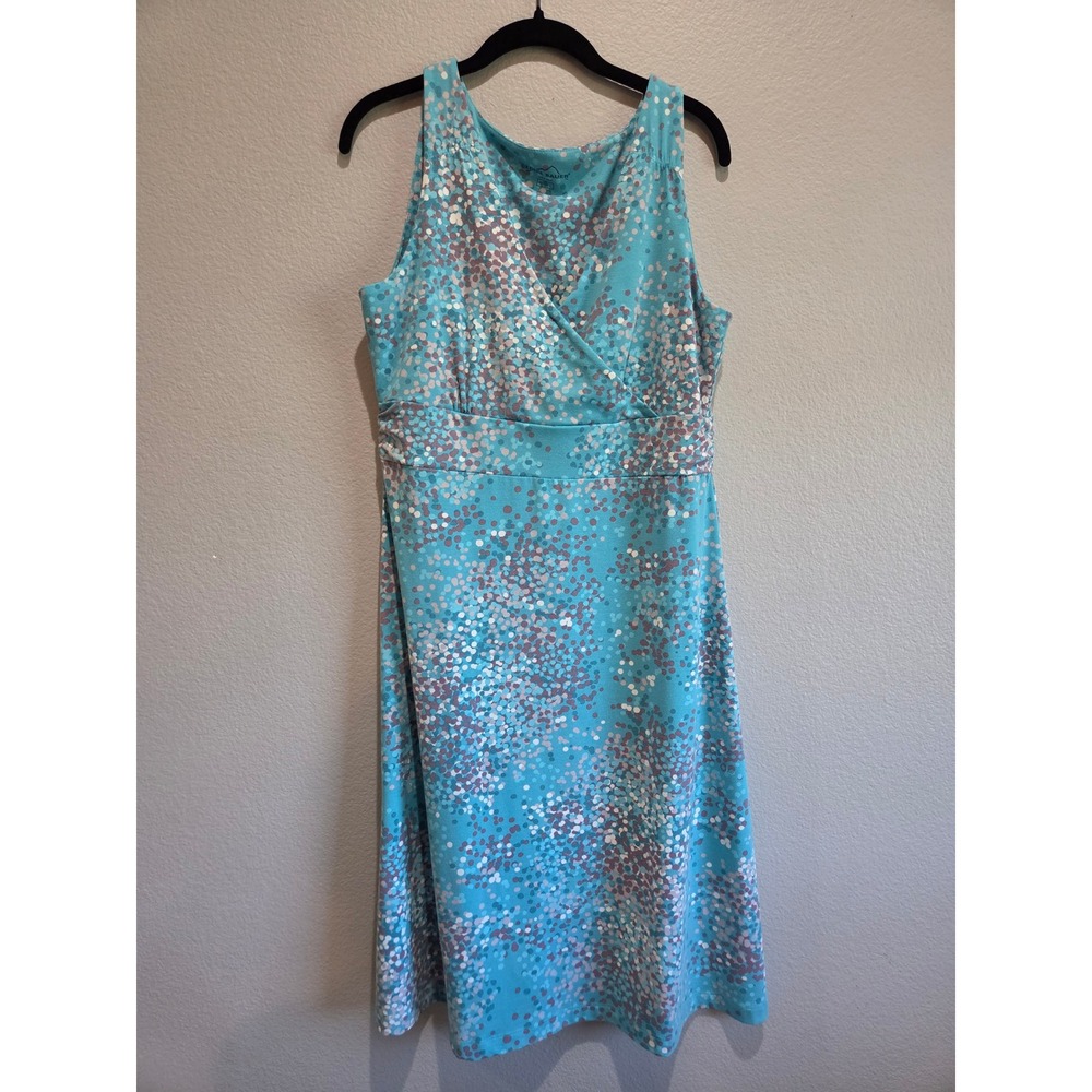 Eddie Bauer Travex Dress Women Petite L Blue Dot Faux Wrap Sleeveless Excellent
